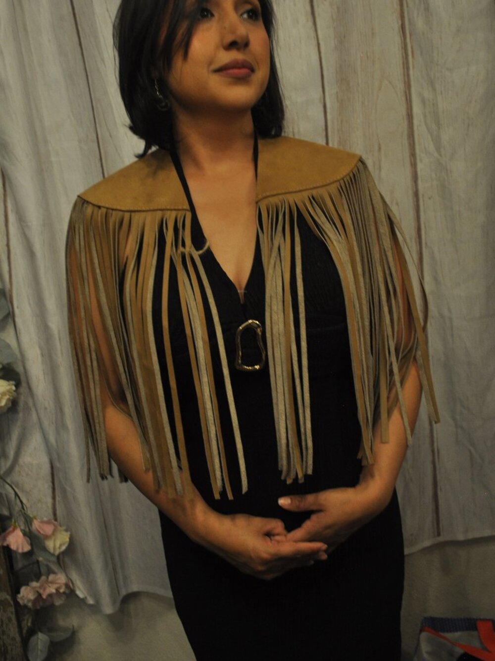 Light Brown All-Leather Fringe Shawl – Western Boho Statement Cape